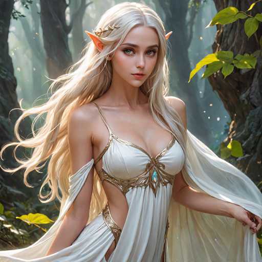 A beautiful woman with blonde hair and blue eyes is standing in a forest surrounded by trees and leaves. She is wearing a white dress adorned with gold accents that includes a crown on her head. The background of the image is filled with green foliage, creating a serene and natural setting for the woman.