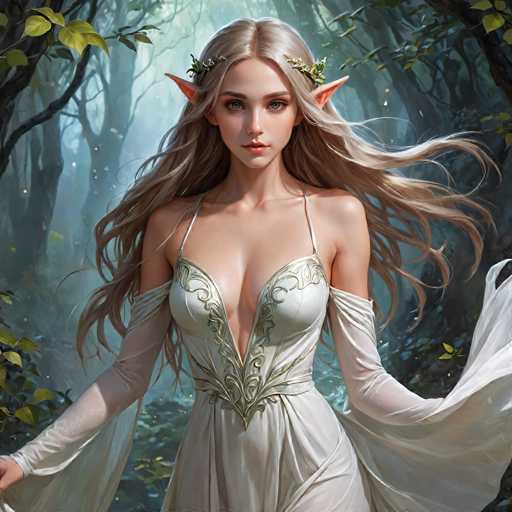 This image depicts a highly detailed, computer-generated fantasy character set in a mystical forest. The central figure is a young woman with long, flowing blonde hair that cascades down to her waist. She has striking green eyes and pointed ears, suggesting she is an elf or a similar mythical being. Her attire is a white dress adorned with intricate gold embroidery, featuring a low-cut neckline that reveals some cleavage. The dress is complemented by sheer sleeves that extend from her shoulders to her wrists. She wears a delicate floral crown made of green leaves and flowers, adding to her ethereal appearance. The background is a dense, dark forest with a misty atmosphere, filled with tall trees and green leaves, enhancing the enchanting and otherworldly ambiance of the scene.