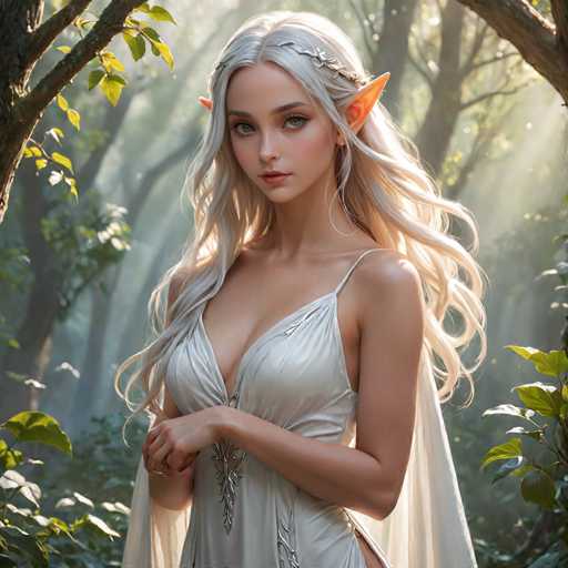 This image depicts a highly detailed, computer-generated or AI-generated fantasy character of a young woman with pointed ears, reminiscent of an elf. She has long, flowing white hair adorned with a leafy crown, and her striking blue eyes and pink lips add to her ethereal appearance. She is dressed in a low-cut, silver dress that features intricate leaf-like patterns and a cape-like back, with her bare arms visible. The character stands in a serene forest setting, surrounded by tall trees with green leaves and bathed in sunlight filtering through the canopy. The overall scene exudes a magical and tranquil atmosphere, with the character's pointed ears and serene expression enhancing the fantasy theme.