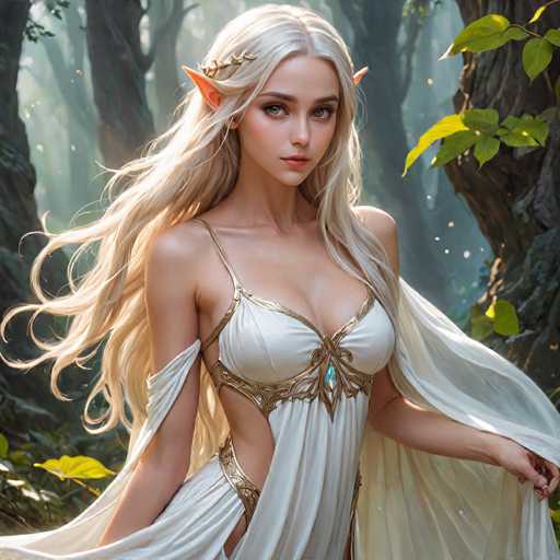 This image depicts a highly detailed, computer-generated or AI-generated fantasy character of a young woman with pointed ears, suggesting she is an elf. She has long, flowing blonde hair adorned with a golden headband, and her striking blue eyes are accentuated by her pointed ears. The character is dressed in an elaborate white gown with intricate gold trim, featuring a low-cut top and a flowing cape that extends from her shoulders to her waist. The gown is designed with cutouts that reveal her midriff and arms. She stands in a serene, sunlit forest, surrounded by tall trees and lush greenery, with sunlight filtering through the leaves, creating a magical atmosphere. The overall scene is vibrant and detailed, capturing the essence of a fantasy realm.