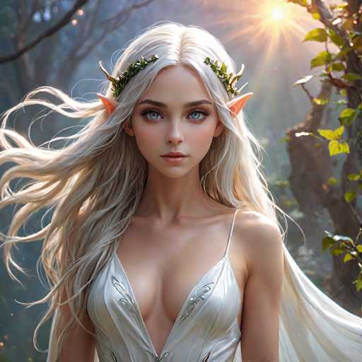 The image depicts a highly detailed, computer-generated or AI-generated fantasy character of a young woman with striking features. She has long, flowing white hair that cascades down to her waist, with a delicate veil-like fabric trailing behind her. Her skin is fair, and she has captivating blue eyes framed by thick, dark eyebrows. Her lips are a soft pink, and her face is adorned with a subtle blush. 

Her most distinctive features include pointed, elf-like ears that protrude from the sides of her head, and a crown made of green leaves and possibly horns. She is dressed in a low-cut, silver dress that reveals a significant portion of her chest, with a single strap over her left shoulder. The background is a mystical forest scene, with a sun shining brightly in the top right corner, casting a warm glow over the entire image. The overall atmosphere is ethereal and enchanting, blending elements of fantasy and nature seamlessly.