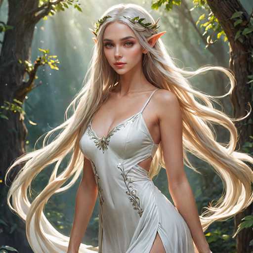 The image depicts a highly detailed, computer-generated or AI-generated fantasy scene featuring a young female elf standing in a sunlit forest. The elf has long, flowing blonde hair that cascades down to her waist, with a few strands appearing to be caught in a gentle breeze. She has striking blue eyes, pointed ears, and a delicate, fair complexion. Adorning her head is a crown made of green leaves, adding to her ethereal appearance. She is dressed in a white, sleeveless dress that reveals her shoulders and chest, with intricate green leaf patterns woven into the fabric. The dress has a high slit on the right side, showcasing her leg. The background is a serene forest with tall trees, their trunks and branches visible, and sunlight filtering through the leaves, casting a warm glow on the scene. The elf stands with her body slightly angled to the left, yet her face is turned towards the viewer, creating a captivating and mystical atmosphere.