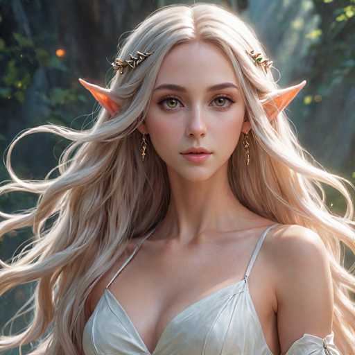This image is a detailed, computer-generated depiction of a young woman with distinct elven features. She has long, flowing blonde hair that cascades down her back, adorned with a gold vine-like accessory. Her pointed, elven ears are a striking orange, and she wears elegant gold earrings. Her attire is a light gray, sleeveless dress that reveals her shoulders and part of her chest. The dress features a single strap over her right shoulder, and her right arm is visible, while her left arm is out of the frame. The background is a serene, forested scene with a grayish hue, and sunlight filters through the leaves, casting a gentle glow on her hair. The overall composition highlights her ethereal beauty and the tranquil, natural setting.