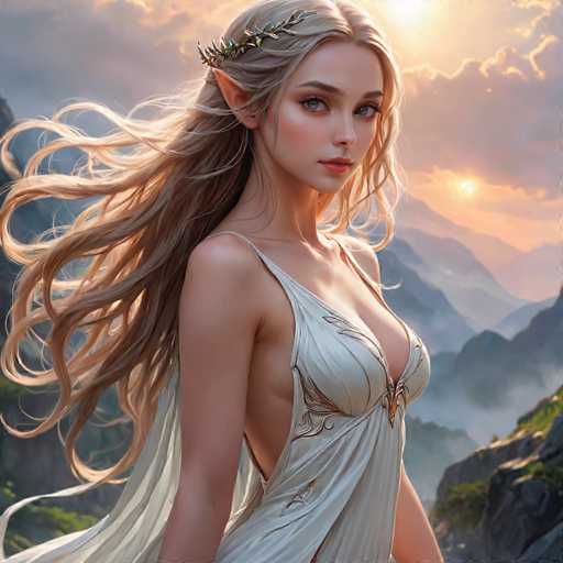 This image is a detailed, computer-generated illustration of a young woman with elven features, set against a dramatic, mountainous backdrop. The elven woman has long, flowing blonde hair that cascades down her back, adorned with a golden laurel wreath. Her pointed elven ears are visible, adding to her otherworldly appearance. She has striking blue eyes and is wearing a low-cut, white dress with intricate gold embroidery, which reveals her shoulders and upper chest. The dress features a single strap over her right shoulder and a low neckline. Her lips are painted a soft pink, and she gazes directly at the viewer with a serene expression. The background showcases a majestic mountain range with a golden sun either rising or setting, casting a warm glow over the scene. The sky is filled with clouds, and the rocky terrain is dotted with patches of green grass, adding to the natural beauty of the setting.