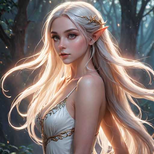 This image depicts a highly detailed, computer-generated illustration of a young female elf standing in a dark, dense forest. The elf has long, flowing white hair that cascades down her back, with a golden crown or headband adorning her head. Her pointed ears and striking gray eyes add to her ethereal appearance. She is dressed in a white nightgown or dress, intricately decorated with golden embroidery along the neckline and waist. The elf's body is turned slightly to the left, but her face is directed towards the viewer, creating a captivating and mysterious expression. The background is filled with tall, shadowy trees, enhancing the enchanting and slightly eerie atmosphere of the scene.