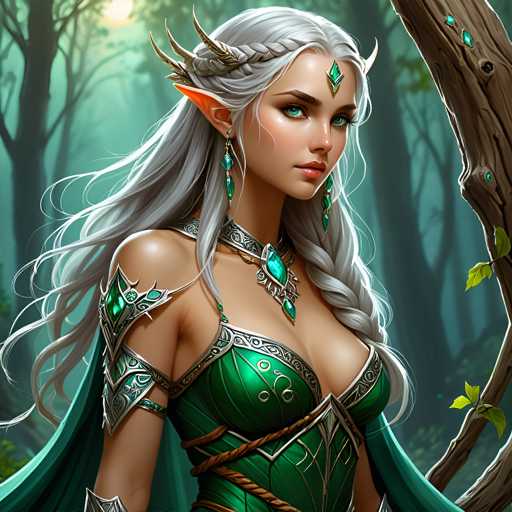 A woman with long blonde hair and a green dress adorned with gold accents is the central figure in this digital illustration. She wears a crown on her head and has large, sparkling green eyes that seem to sparkle like emeralds. The background of the image features trees and foliage, creating an impression of being in a forest or woodland setting.