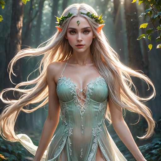 This image depicts a highly detailed, computer-generated or AI-generated fantasy character of a young woman with long, flowing blonde hair that cascades down to her waist. She has strikingly pointed ears, reminiscent of elven or fairy folklore, and wears a delicate leaf crown adorned with a small green gem on her forehead. Her attire is a sheer, light green dress with intricate lace and floral patterns, featuring a crisscross lacing at the chest that reveals a hint of her skin. The dress has a low neckline and a sheer skirt that adds to the ethereal quality of her appearance. She stands in a serene forest setting, with sunlight filtering through the trees, casting a warm glow on her face and hair. The background is filled with tall trees, green leaves, and a forest floor scattered with leaves and dirt, enhancing the natural and mystical ambiance of the scene.