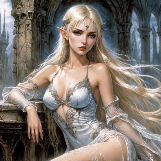 The image depicts a highly detailed, computer-generated fantasy character of a young woman with long, flowing blonde hair that cascades down to her waist. She has striking blue eyes, pointed ears, and a delicate, ethereal appearance. She is adorned in a white dress with intricate silver embroidery and sheer sleeves that extend from her elbows to her wrists. The dress features a deep neckline, revealing some cleavage, and is complemented by a sheer skirt. She also wears a silver necklace with a blue pendant and has a silver ornament on her forehead. The character is seated on a stone bench, leaning against it with her right arm, while her left arm rests on her lap. The background showcases a grand, ancient stone building with towering spires and arches, reminiscent of a cathedral or castle, adding to the fantasy ambiance of the scene.