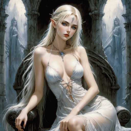 The image depicts a highly detailed, computer-generated fantasy scene featuring a central female elf with long, flowing blonde hair and striking blue eyes. She has pointed ears and wears a silver headband adorned with a jewel that rests on her forehead. Her attire is a sheer, white dress with lacy straps and a lace-up front, revealing a significant amount of cleavage. A prominent blue necklace with a large gem complements her outfit. The elf is seated on a grand, ornate throne made of dark wood, which is flanked by two tall, stone archways. Within each archway stands a figure resembling a witch or sorceress, dressed in flowing gray robes and wearing pointed hats. The background is filled with intricate details, including a castle and trees, enhancing the fantasy atmosphere of the scene.