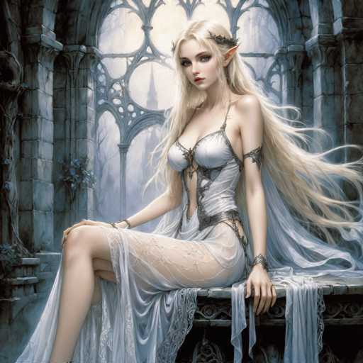 The image depicts a highly detailed, computer-generated fantasy scene featuring a young, elven woman with long, flowing blonde hair. She is seated on a stone bench, her body facing left but her head turned towards the viewer, with a serious expression on her face. Her attire is a sheer, white dress that reveals her legs and is adorned with intricate silver jewelry, including a silver belt, armbands, and a headpiece. The dress has a low-cut neckline and a sheer skirt that extends to the ground. She has pointed ears, adding to her elven appearance. The background showcases a grand, cathedral-like structure with large, ornate windows and stone columns, through which a foggy, distant landscape is visible. The overall color palette of the image is dominated by shades of gray, white, and blue, enhancing the ethereal and mystical atmosphere.