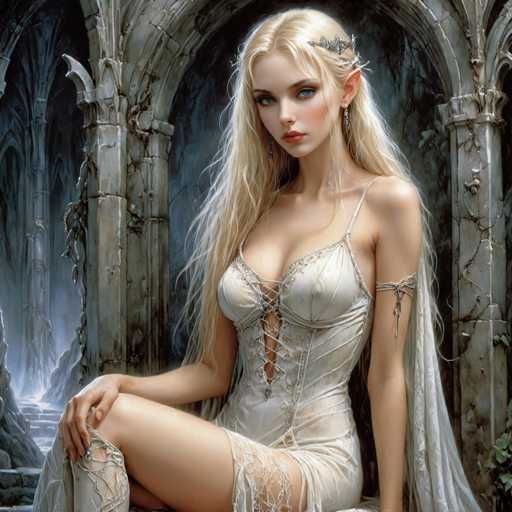 The image depicts a highly detailed, computer-generated fantasy character of a young woman with long blonde hair and pointed ears, suggesting she is an elf. She has striking blue eyes, red lips, and a fair complexion. She is adorned in a white, lacy dress with thin straps and a lace-up front, which reveals some cleavage. The dress is complemented by a white cape that flows behind her. She also wears a silver tiara or crown in her hair, and silver jewelry, including earrings and an armband on her left arm. The character is seated on a stone throne within a grand, ancient stone building with arches and columns, some of which are overgrown with vines. The background is dark and shadowy, adding to the mystical atmosphere of the scene.