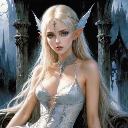The image depicts a highly detailed, computer-generated fantasy character of a young woman with long, flowing blonde hair and striking blue eyes. She has pointed, elf-like ears and wears a silver, strappy dress that reveals her cleavage. A diamond-shaped ornament adorns her forehead, and she has a silver necklace. Her expression is serious, with red lips and a hint of blush on her cheeks. She is seated on a throne-like chair with two stone columns on either side, and the background features a dark, gothic castle with spires and a grayish-blue hue. The scene is set at night, with a full moon visible in the top left corner, casting a silvery light over the entire image.