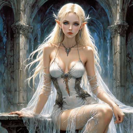 The image depicts a highly detailed, computer-generated or AI-generated fantasy character of a young, elven woman with long, flowing blonde hair and striking blue eyes. She has pointed ears, reminiscent of an elf, and is adorned with a silver necklace featuring a blue gem and long, dangling earrings. Her attire is a white dress with intricate black lace details, including a lace choker and a lace skirt that extends over her arms and legs. The dress has a low-cut neckline and a front zipper, revealing some cleavage. She is seated on a stone throne, with her hands resting on the armrests, and is looking directly at the viewer. The background features a grand, cathedral-like setting with tall, ornate stone arches and columns, adding to the majestic and ethereal atmosphere of the scene.