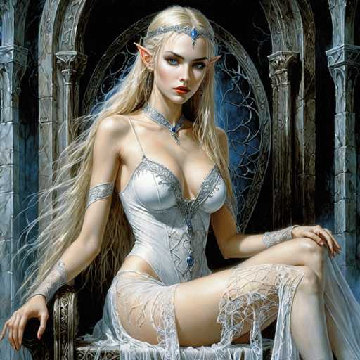 This image depicts a highly detailed, computer-generated fantasy character of a female elf. She is seated on a grand, ornate throne that appears to be made of stone or marble, featuring intricate designs and a large, circular backrest. The elf has long, flowing blonde hair and striking blue eyes, with pointed ears that enhance her otherworldly appearance. She is adorned with a silver headband that has a blue jewel at the center, matching her silver necklace and choker, which also feature blue jewels. Her attire includes a white corset-like top with silver accents, and she wears sheer, lacy stockings that extend from her thighs to her knees. The elf's posture is regal, with her left hand resting on her knee and her right hand placed on the armrest of the throne. The background is dark, emphasizing the character's ethereal and majestic presence.