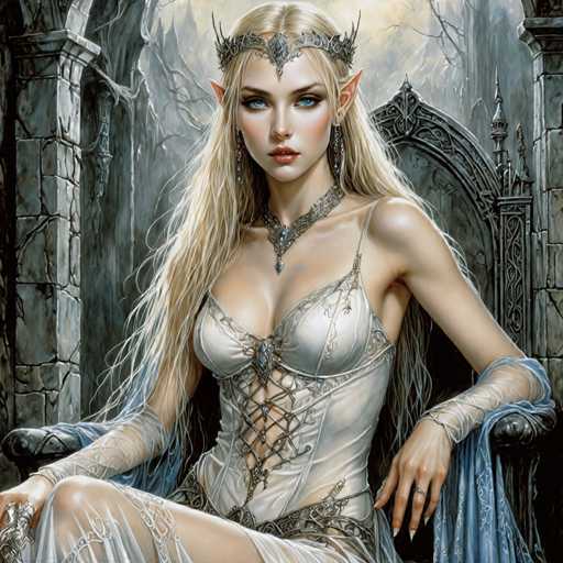 The image depicts a highly detailed, computer-generated or AI-generated fantasy scene featuring a young, blonde elven woman seated on a dark, ornate throne. She has long, flowing blonde hair and striking blue eyes, with pointed ears that emphasize her elven nature. Adorning her head is a silver crown with a central jewel, and she wears a matching silver necklace with a blue gem. Her attire is a white, lacy dress with intricate silver lace details, including a corset-like top and a skirt that extends to her knees. She also has a blue cape draped over her arms. The background is a dark, gray stone castle with a foreboding atmosphere, complete with spires and a bare tree, enhancing the eerie, gothic ambiance of the scene.