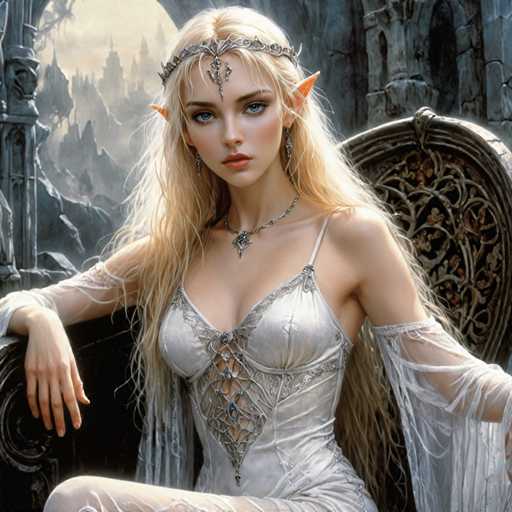 This image portrays a highly detailed, computer-generated or AI-generated fantasy elf princess. She is seated on a dark, ornate throne with intricate designs, set against a backdrop of ancient stone buildings and a distant cityscape. The elf princess has long, flowing blonde hair adorned with a silver tiara that features a prominent jewel hanging between her striking blue eyes. Her pointed ears and elaborate silver necklace add to her ethereal appearance. She is dressed in a white, lacy bodice with sheer sleeves that drape over her arms, and she wears tights. Her expression is serious, with slightly parted lips, as she gazes directly at the viewer. The overall scene exudes a mystical and enchanting atmosphere, capturing the essence of a fantasy realm.