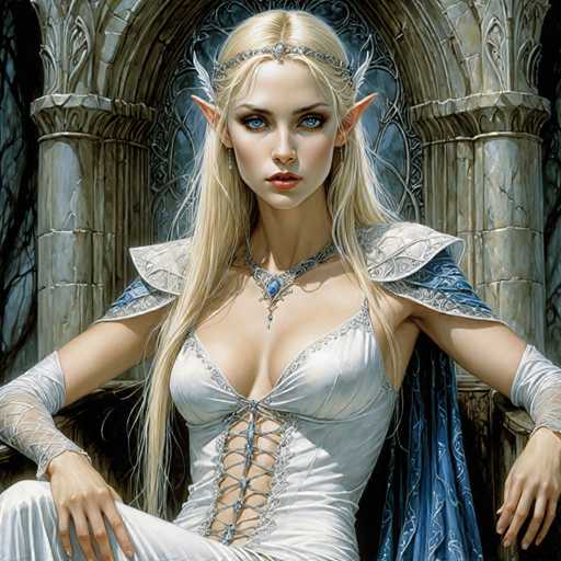 This image portrays a highly detailed, computer-generated fantasy character of a female elf. She has long, flowing blonde hair adorned with a silver headband featuring white feathers on either side. Her striking blue eyes are framed by dark, smoky eyeshadow, and her lips are painted a vivid red. She has pointed, elven ears and is wearing long, silver earrings. Her attire consists of a white dress with intricate blue lace-up details on the front, complemented by a blue necklace with a prominent blue gem. She also wears a blue cape with white accents draped over her shoulders. The character is seated on a throne-like chair, with her right hand resting on her knee and her left hand on the armrest. The background features a stone archway with a window, adding to the medieval fantasy ambiance of the scene.