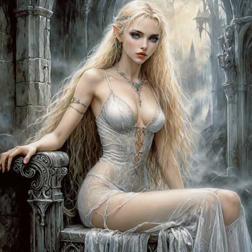 This image portrays a highly detailed, computer-generated or AI-created fantasy scene featuring a young, elven woman with long, flowing blonde hair and pointed ears. She is seated on an ornate, gray stone throne that appears to be part of a grand castle or cathedral. The elven woman is dressed in a sheer, white nightgown with thin straps and a lacy, see-through skirt that extends to her ankles. Her attire also includes a silver necklace and a chain bracelet on her right arm. She has striking blue eyes, red lips, and a fair complexion. The background is filled with intricate stone carvings, pillars, and arches, with a misty, foggy atmosphere that adds to the mystical ambiance. The elven woman gazes directly at the viewer, exuding an aura of elegance and otherworldly beauty.