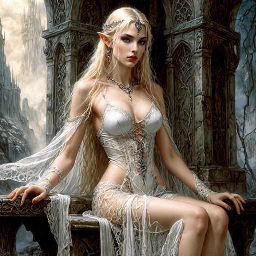 The image depicts a highly detailed, computer-generated fantasy scene featuring a beautiful female elf seated on a stone throne. The elf has long, flowing blonde hair adorned with a silver headband and a silver pendant hanging between her blue eyes. Her pointed ears and red lipstick add to her ethereal appearance. She is dressed in a white corset with intricate lace details and a sheer, lacy skirt that drapes over her legs. A white cape with delicate lace patterns flows behind her. The background showcases a grand, ancient stone building with arches and columns, surrounded by rocky terrain and distant mountains. The sky is a mix of blue and white, with clouds adding to the mystical atmosphere. The elf's serene expression and the elaborate setting create a captivating, otherworldly scene.