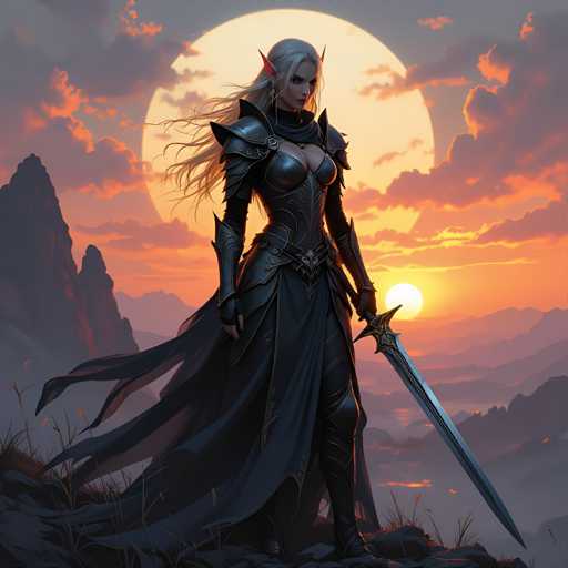 A woman with blonde hair and a sword stands on a rocky cliff overlooking a valley at sunset. She is dressed in a black outfit that includes a hooded cloak and a headdress adorned with feathers. The sky above her is painted in shades of orange and pink, creating a warm glow against the cool tones of the landscape below.