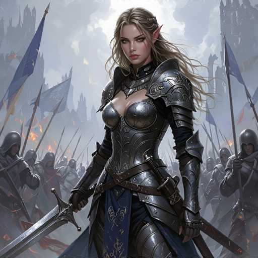 The image depicts a detailed, computer-generated scene of a fierce female warrior, possibly inspired by a fantasy video game or movie. She stands prominently in the foreground, clad in intricate silver armor that includes a chest plate, shoulder plates, and a skirt-like garment. Her long, flowing blonde hair cascades down her back, and her pointed ears suggest she might be an elf. She grips a sword in her right hand, ready for battle, while her left hand holds another sword. The background is filled with a multitude of soldiers, all similarly armored and brandishing swords, creating a dynamic and intense atmosphere. The sky above is cloudy, adding to the dramatic setting. Blue flags are visible, though their designs are indiscernible. The overall scene is rich in detail, capturing the essence of a grand, epic conflict.