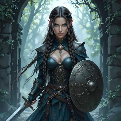 The image depicts a highly detailed, computer-generated fantasy character of a female elf warrior. She stands in a forest setting, framed by a stone archway adorned with vines and leaves. The elf has long, dark brown hair styled in two braids that cascade down to her waist, with a few loose strands framing her face. Her striking blue eyes and pointed ears are prominent features of her elven appearance. She is dressed in a form-fitting, dark blue leather outfit that includes a chest plate, shoulder armor, and a skirt. The outfit is accentuated with multiple belts and straps, and she wears a golden necklace with a blue gem. In her right hand, she wields a sword, while her left hand holds a round shield decorated with intricate designs. The background reveals a misty forest with tall trees, adding to the mystical and adventurous atmosphere of the scene.