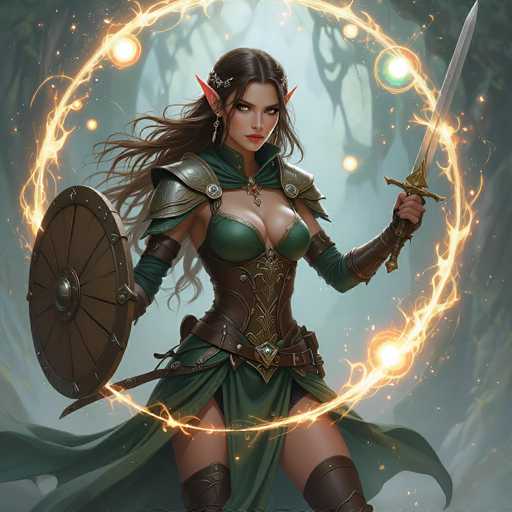 The image depicts a highly detailed, computer-generated fantasy character of a female elf warrior. She has long, flowing brown hair adorned with a silver flower and pointed ears that enhance her elven appearance. Her striking yellow eyes and red lips add to her fierce expression. She is dressed in a green outfit that includes a bra-like top, a corset, and a flowing skirt, complemented by brown leather armor on her shoulders, forearms, and legs. A green scarf drapes around her neck, and she wears a necklace with a red jewel. In her right hand, she holds a large, round wooden shield, while her left hand brandishes a sword. Surrounding her is a glowing, fiery circle that adds a mystical aura to the scene. The background features a dark, shadowy forest with trees and branches, enhancing the overall fantasy atmosphere.