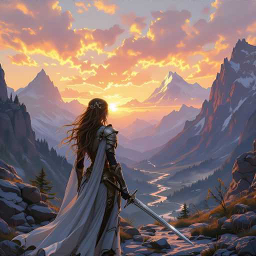 In this captivating fantasy illustration, a majestic female warrior stands poised on a rocky outcrop, gazing out over a vast, snow-capped mountain range. She is adorned in gleaming silver armor that covers her shoulders and arms, with a flowing white cape billowing behind her. Her long, wavy brown hair cascades down her back, and a silver tiara or circlet adorns her head. Clutched in her right hand is a long, silver sword, its blade glinting in the light. The scene is set during a breathtaking sunset, with the sky ablaze in hues of orange and pink, casting a warm glow over the landscape. A winding river meanders through the valley below, surrounded by dense pine forests. The atmosphere is serene yet powerful, capturing the essence of a warrior at rest in a world of fantasy and wonder.
