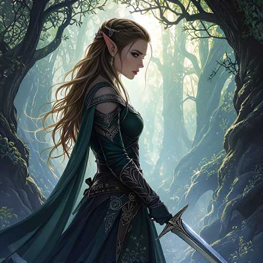 This detailed digital illustration depicts a young female elf standing in a mystical forest. The elf, with long, flowing blonde hair adorned with a silver headband, has pointed ears and is gazing to the right. She is dressed in a dark green, medieval-style outfit featuring a long-sleeved top, a cape, and a flowing skirt. Her attire is accentuated with intricate silver details and a belt around her waist. In her right hand, she holds a silver sword, its blade pointing downward. The background showcases a dense forest with tall, dark trees and a bright light filtering through the canopy, creating a mystical atmosphere. The elf's expression is serious, and she appears to be in a contemplative pose, adding to the enchanting and serene mood of the scene.
