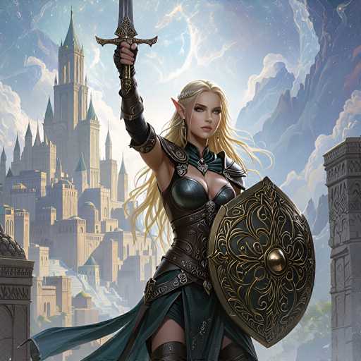 The image depicts a highly detailed, computer-generated fantasy scene featuring a striking female warrior. She stands in the foreground, her long blonde hair cascading down to her waist, and her pointed ears adding a mythical element to her appearance. She is dressed in a form-fitting, dark leather outfit that includes a chest plate, a corset, and a skirt, complemented by black thigh-high boots. Her right arm is raised, gripping a large sword with a golden handle, while her left arm holds a round shield adorned with intricate gold designs and a central gold ball.

The background showcases a majestic, medieval-style castle with numerous spires and towers, constructed from light brown stone. The castle is set against a dramatic sky filled with dark, swirling clouds, adding to the fantastical atmosphere. The overall scene is rich in detail, with a color palette dominated by blues, greens, and golds, creating a vivid and immersive fantasy world.
