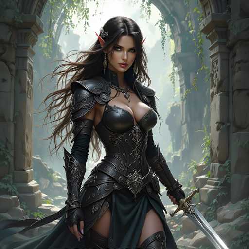 The image depicts a highly detailed, computer-generated fantasy character of a female elf warrior. She has long, flowing brown hair adorned with a silver flower and pointed ears, emphasizing her elven nature. Her striking green eyes and full lips add to her captivating appearance. She is dressed in a form-fitting black leather outfit, complete with a corset, shoulder armor, and gloves that extend to her elbows. A green skirt with a slit reveals her thighs, and she wears black leather boots. In her left hand, she wields a silver sword, while her right hand rests by her side. The background features a grand stone archway, partially overgrown with green vines, set against a misty, foggy backdrop. The scene is bathed in natural light, highlighting the intricate details of her attire and the surrounding environment.