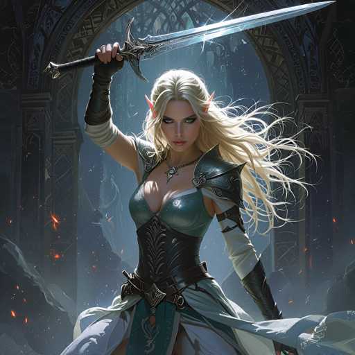 This image is a detailed, computer-generated illustration of a fierce female elf warrior. She has long, flowing blonde hair and pointed ears, characteristic of elves. Her striking blue eyes and red lips add to her intense expression. She is dressed in a form-fitting, greenish-gray outfit that includes a corset-like top and a flowing skirt. The outfit is adorned with black leather straps and accents, including a black leather belt with a silver buckle and a black leather strap on her left arm. She also wears fingerless gloves that extend up to her elbows and a silver necklace with a triangular pendant. 

In her right hand, she wields a large sword with a black handle and a silver blade, which is held high above her head. Her left arm is positioned behind her, holding up her skirt. The background features a grand, ornate archway with intricate designs, possibly made of stone or metal, and is illuminated by fiery sparks and embers, adding a dramatic atmosphere to the scene. The overall composition suggests a fantasy setting, possibly from a video game or a fantasy book.