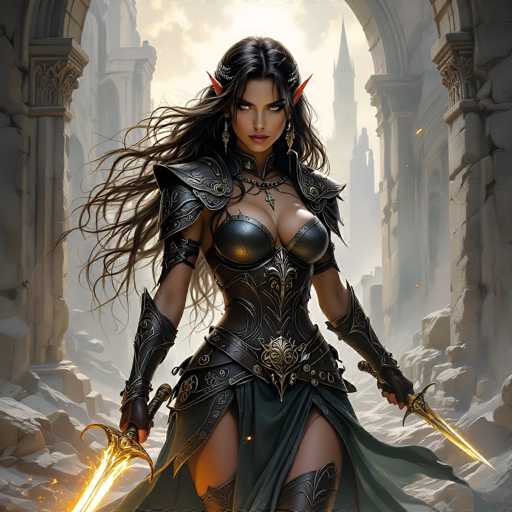 In this captivating fantasy illustration, a striking female warrior stands poised in a grand, ancient stone castle. The majestic architecture features towering spires and intricate columns, with debris scattered across the floor, hinting at the passage of time. The warrior, a formidable figure with long, flowing black hair and pointed ears, exudes an aura of power and mystery. Her piercing yellow eyes and full lips add to her captivating presence. She is adorned in elaborate black leather armor, complete with a flowing green skirt and knee-high boots. Her attire is accentuated by a cross necklace and shoulder armor, while her forearms are protected by leather bracers. In each hand, she wields a glowing yellow sword, ready for battle. The scene is bathed in a dramatic light, with a bright yellow glow emanating from behind her, casting an ethereal aura over the entire composition.