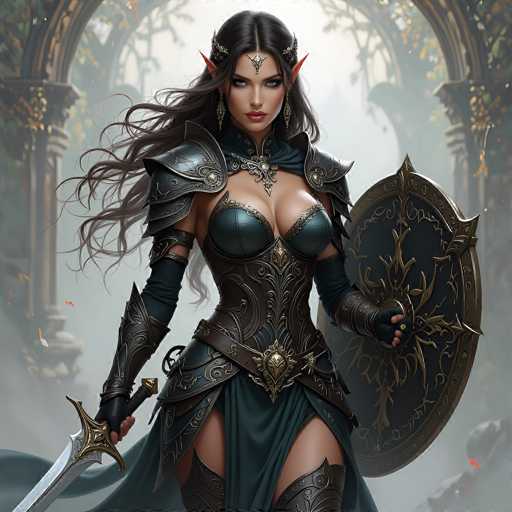 The image depicts a highly detailed, computer-generated fantasy character of a warrior elf woman. She stands confidently in the center of the frame, exuding strength and elegance. Her long, flowing black hair cascades down to her waist, with a distinctive middle part and a slight curl at the ends. She has striking blue eyes, pointed elf ears, and a silver headband adorned with a diamond-shaped ornament on her forehead.

Her attire is a blend of leather and metal, featuring a dark green and black ensemble. She wears a form-fitting leather bodysuit with a chest plate, complemented by metal shoulder pads and arm guards. A green skirt with a slit reveals her legs, and she has metal shin guards. Around her neck, she sports a large, ornate necklace with a silver pendant, and a green scarf drapes over her shoulders.

In her right hand, she wields a silver sword with a golden hilt, while her left hand holds a large, round shield with a green center and a golden border. The background is a misty, foggy scene with a series of stone arches and columns, some adorned with green vines, adding to the mystical atmosphere. The overall color palette includes shades of black, gray, silver, gold, green, blue, and brown, enhancing the fantasy setting.