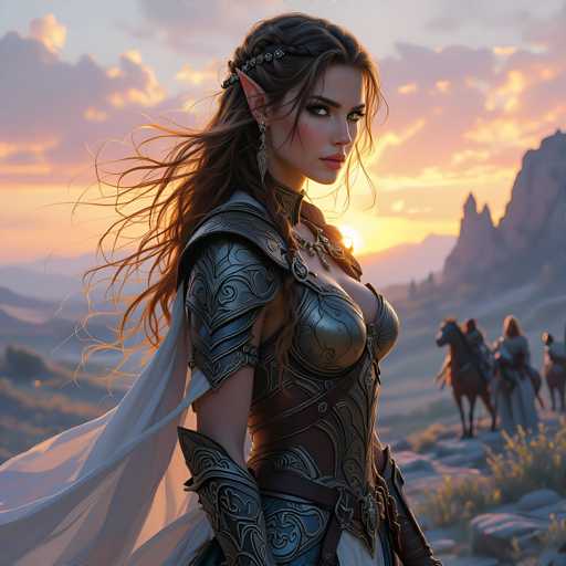 A woman dressed as a fairy stands on a rocky outcropping at sunset, wearing a long white dress and a crown of flowers around her head. The setting sun casts a warm glow over the scene, with mountains visible in the distance under the orange sky.