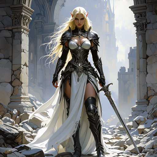 The image depicts a highly detailed, computer-generated illustration of a female elf warrior standing in a grand, ancient stone building. The elf has long, flowing blonde hair and strikingly pointed ears, characteristic of elves. She is adorned in elaborate black armor that covers her shoulders, chest, and arms, leaving her cleavage exposed. A white skirt drapes elegantly from her waist, complementing her black boots that extend up to her knees. In her left hand, she wields a long sword, while her right hand remains empty. The background reveals a majestic, multi-story stone structure with intricate carvings and columns, suggesting a castle or cathedral. The scene is bathed in natural light, highlighting the elf's detailed features and the grandeur of her surroundings.