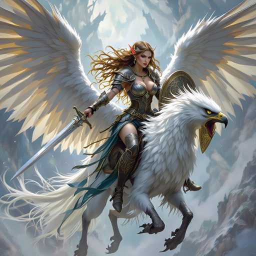 The image depicts a highly detailed, fantasy-themed scene featuring a formidable female warrior riding a majestic white bird, possibly an eagle or a phoenix. The bird, with its piercing yellow eyes and open beak, has large, white wings with yellow tips and a long, flowing tail. The warrior, who appears to be an elf or a similar mythical creature, has long, flowing brown hair and pointed ears. She is adorned in intricate silver armor with gold accents, including a breastplate, shoulder plates, and gauntlets. A blue skirt and a belt with a gold buckle complete her attire. She wields a long silver sword in her right hand and holds a golden shield in her left. The background is a misty, grayish-blue sky with hints of rocky terrain, enhancing the mystical and adventurous atmosphere of the scene.
