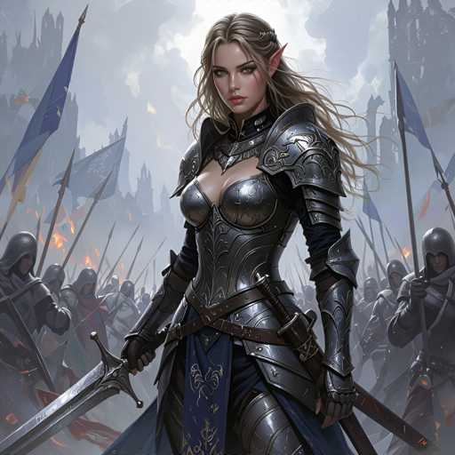 A woman dressed as a medieval princess stands in front of a group of knights and soldiers wielding swords and shields. The knight closest to her is holding a sword with his right hand while the other knight on the left holds a shield with his left hand.