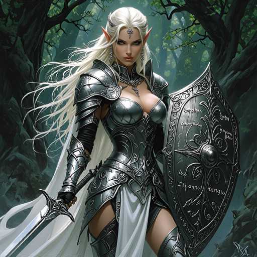 This detailed illustration depicts a fierce female elf warrior standing in a dense forest. She has long, flowing white hair that cascades down her back and over her right shoulder. Her pointed ears and a silver crown adorned with a jewel on her forehead emphasize her elven nature. She wears a form-fitting, silver metal armor that accentuates her curves, complete with a chest plate, shoulder plates, and a skirt-like piece of armor that reveals her thighs. A white cloth drapes from her waist to her knees, adding a touch of elegance to her battle-ready appearance. In her right hand, she wields a sword, while her left hand holds a large, ornate shield decorated with intricate designs and possibly ancient runes. Her expression is stern and focused, as she gazes directly at the viewer, embodying strength and readiness for battle.