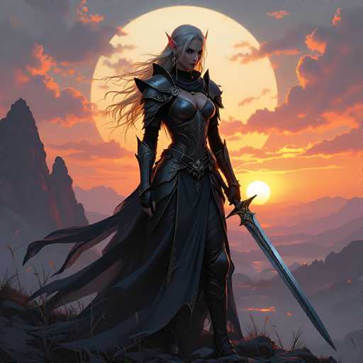 In this captivating fantasy illustration, a fierce female elf stands poised on a rocky outcrop, her long, flowing white hair cascading down her back. She is clad in intricate black leather armor that accentuates her muscular physique, complete with a flowing cape that billows dramatically in the wind. Her pointed ears and striking red eyes add to her otherworldly appearance. In her left hand, she wields a long sword, ready for battle. The backdrop features a mesmerizing sunset, with the sun partially obscured by a large, glowing moon, casting an ethereal light over the scene. The sky is a blend of deep orange hues and dark clouds, with distant mountains silhouetted against the horizon. The elf's intense gaze is directed towards the viewer, exuding a sense of determination and strength.