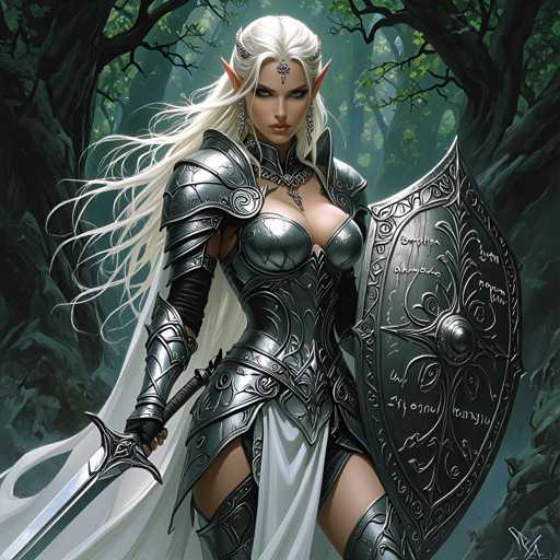 A woman with blonde hair and blue eyes is standing in a forest surrounded by trees. She is wearing a silver armor suit that includes a helmet and shield, which she holds in her right hand while the left hand rests on her hip. The background of the image is dark green, providing a stark contrast to the woman's attire.