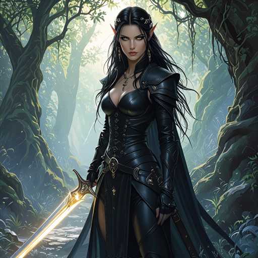A woman with long dark hair and a black dress stands in front of trees in a forest, holding a sword aloft.