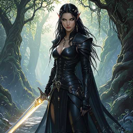 The image depicts a striking fantasy character, a female elf warrior with long, flowing black hair and pointed ears. She is adorned in a sleek, black leather outfit that includes a corset, gloves, and a cape, exuding both elegance and strength. Her piercing yellow eyes and red lips add to her fierce appearance. In her right hand, she wields a glowing sword, while a necklace with a pendant hangs around her neck. The background features a dense, dark forest with tall, gnarled trees and a winding path, illuminated by a soft light that enhances the mystical atmosphere. The overall scene is rich in detail, capturing the essence of a dark, enchanting fantasy world.