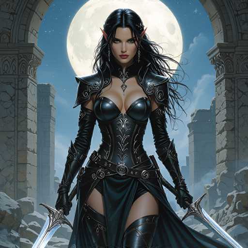 The image depicts a computer-generated, fantasy-themed female character with a striking, otherworldly appearance. She has long, flowing black hair and pointed ears, suggesting she might be an elf or a similar mythical being. Her attire is a form-fitting, black leather outfit that accentuates her curvaceous figure, complete with a corset and long gloves. She also wears a necklace with a diamond-shaped pendant. In her hands, she wields two silver swords, one in each hand. The background features a large, luminous moon partially obscured by an archway, with a starry sky and a rocky landscape visible below. The overall scene evokes a sense of mystery and adventure, reminiscent of a fantasy video game or animated series.