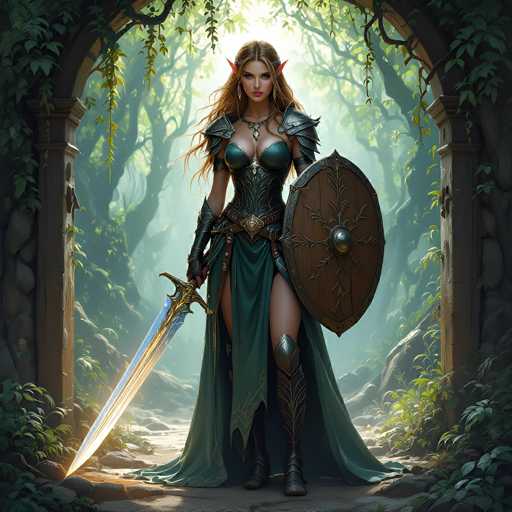 The image depicts a highly detailed, computer-generated fantasy character of a female elf warrior standing in a lush, sunlit forest. She has long, flowing blonde hair and pointed ears, typical of elves. Her attire includes a greenish-blue leather breastplate, shoulder armor, and a flowing green dress with a slit up to her thigh. She is equipped with a large, ornate sword in her right hand and a wooden shield with a metal emblem in her left. Her legs are adorned with metal shin guards, and she wears black boots. The elf warrior stands confidently within a stone archway, surrounded by trees and vines, with sunlight filtering through the foliage, casting a warm glow on the scene.
