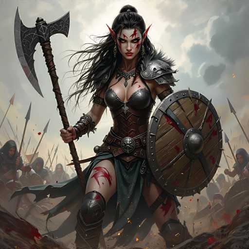 The image depicts a fierce female warrior, possibly inspired by Viking or fantasy themes. She stands prominently in the foreground, her long black hair flowing as if caught in a gust of wind. Her face is adorned with red war paint, and her eyes are a striking yellow, giving her an intense, almost otherworldly gaze. She wears a leather breastplate and a skirt, with black knee-high boots that add to her formidable appearance. 

Her right hand grips a large axe, its blade glinting menacingly, while her left hand holds a round shield decorated with red markings. A spiked leather bracelet adorns her right wrist, and a black leather shoulder pad is strapped to her left shoulder. A necklace with a pendant hangs around her neck, adding to her warrior aesthetic.

Behind her, the background is filled with a chaotic scene of battle. Men in hoods, some wielding spears, are engaged in combat. The sky above is a mix of blue and gray clouds, with sunlight breaking through, casting a dramatic light over the entire scene. The overall atmosphere is one of intense conflict and ancient warfare, with the warrior at the forefront embodying strength and determination.