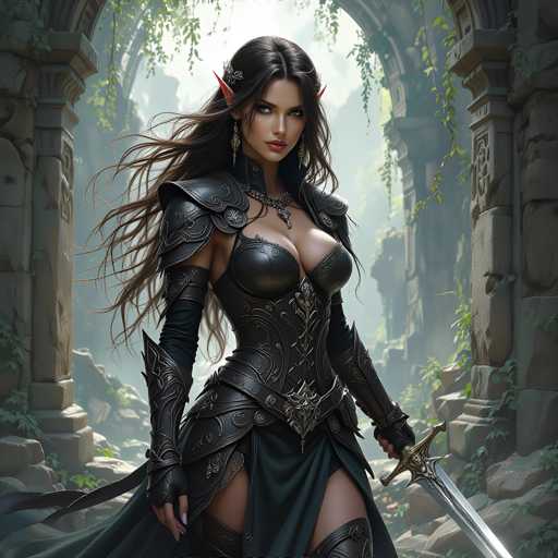 The image depicts a woman dressed in medieval armor and holding a sword. She is standing in front of an archway with a stone wall on either side. The background features lush greenery, suggesting the scene may be set in a forest or other natural environment.
