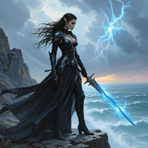 The image depicts a striking fantasy scene featuring a tall, elven woman with long, flowing black hair and pointed ears, standing on a rocky cliff overlooking a tumultuous ocean. She is adorned in a form-fitting, black leather outfit that accentuates her curves, complete with a flowing cape and knee-high boots. Her attire includes a chest plate, shoulder armor, and a belt with a prominent blue gem. The woman wields a large sword in her left hand, which is crackling with blue lightning that extends from the blade to the sky above. The background showcases a dramatic sky filled with dark, stormy clouds, with a hint of sunlight breaking through, casting an orange glow over the scene. The ocean below is rough and choppy, with waves crashing against the rocks, enhancing the overall sense of power and intensity in the image.