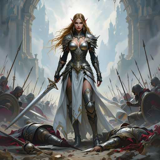 The image depicts a striking fantasy scene featuring a fierce female warrior with long, flowing blonde hair and pointed ears, suggesting she might be an elf. She is adorned in elaborate silver armor that covers her chest, shoulders, and legs, leaving her midriff exposed. A white cloth drapes around her waist, adding a touch of elegance to her battle-ready appearance. In her right hand, she wields a sword, while her left hand remains empty. Her expression is one of intense focus, with her gaze directed straight ahead.

The background is filled with the chaos of battle, showing numerous fallen soldiers and other combatants engaged in fierce combat. The scene is set against a backdrop of grand, ancient-looking stone buildings, adding to the epic and timeless feel of the image. The overall composition suggests a moment of triumph or a pivotal moment in an ongoing conflict, with the warrior standing as a symbol of strength and resilience amidst the turmoil.
