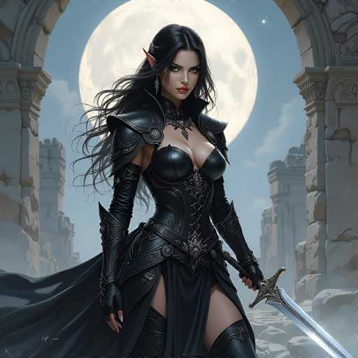 This image is a detailed, computer-generated illustration of a female elf warrior, likely from a fantasy video game or movie. The elf has long, flowing black hair and striking blue eyes, with pointed ears that enhance her otherworldly appearance. She is adorned in a form-fitting black leather outfit, complete with a cape that billows behind her, and fingerless gloves. Her attire includes a chest plate, shoulder armor, and a belt with a prominent buckle. She also wears thigh-high boots and a necklace that adds to her warrior aesthetic. In her right hand, she wields a sword, while her left hand rests on her hip. The backdrop features a large, luminous full moon partially obscured by an ancient stone archway, with a stone castle and a rocky path visible in the distance. The scene is set against a dark, night sky, adding to the mystical and dramatic atmosphere of the image.